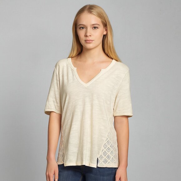 Lucky Brand Cream Lace Crochet Back V-Neck Knit Top Small Boho Festival Tee Y2K - Picture 1 of 6